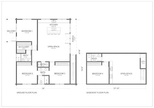 2 Story, 4 Bedroom, 3 Bath Farmhouse Floor Plans with Walkout Basement